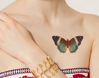 TEMPORARY TATTOO - Watercolor Rooster - Antique Butterfly tattoo / Exotic Butterflies / Blue Butterfly / Orange Butterfly