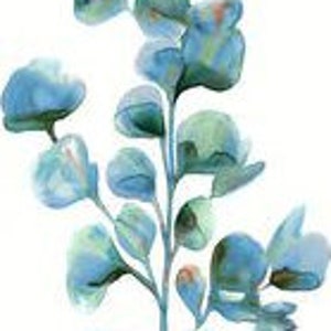 May include: A watercolor painting of a blue eucalyptus branch with leaves. The leaves are painted in a light blue and green color.