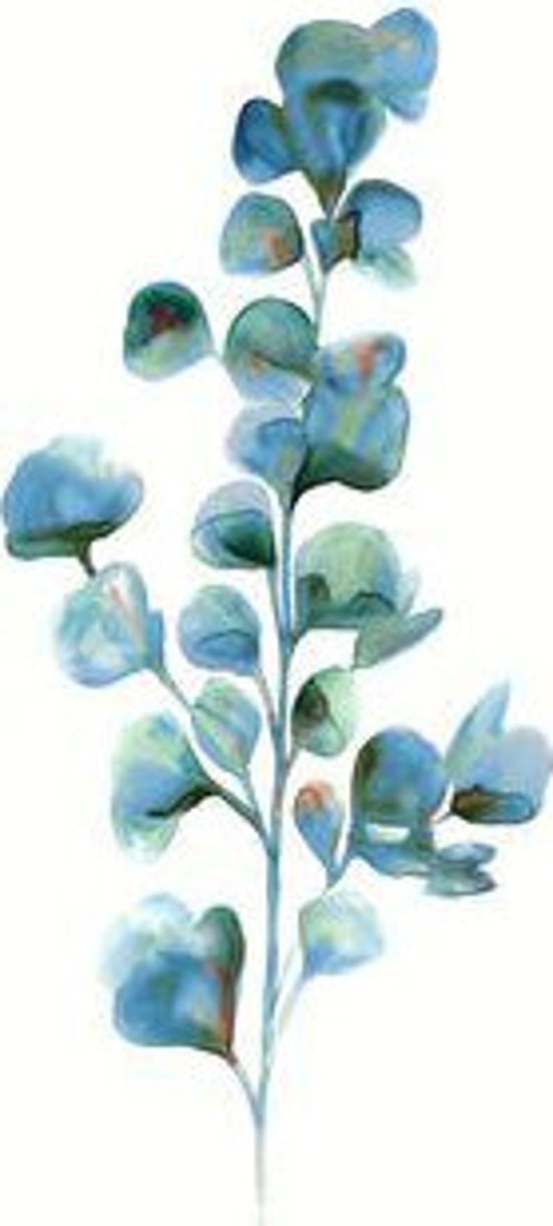 May include: A watercolor painting of a blue eucalyptus branch with leaves. The leaves are painted in a light blue and green color.