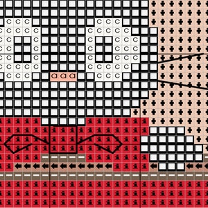 以下が含まれることがあります： 赤い帽子、黒い目、赤い口をした漫画のキャラクターを特徴とするクロスステッチパターン。キャラクターは赤いシャツと茶色のズボンを着用しています。パターンは赤、白、黒、茶色の正方形で構成されています。