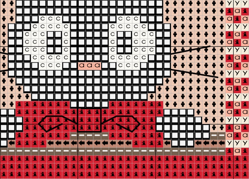 以下が含まれることがあります： 赤い帽子、黒い目、赤い口をした漫画のキャラクターを特徴とするクロスステッチパターン。キャラクターは赤いシャツと茶色のズボンを着用しています。パターンは赤、白、黒、茶色の正方形で構成されています。