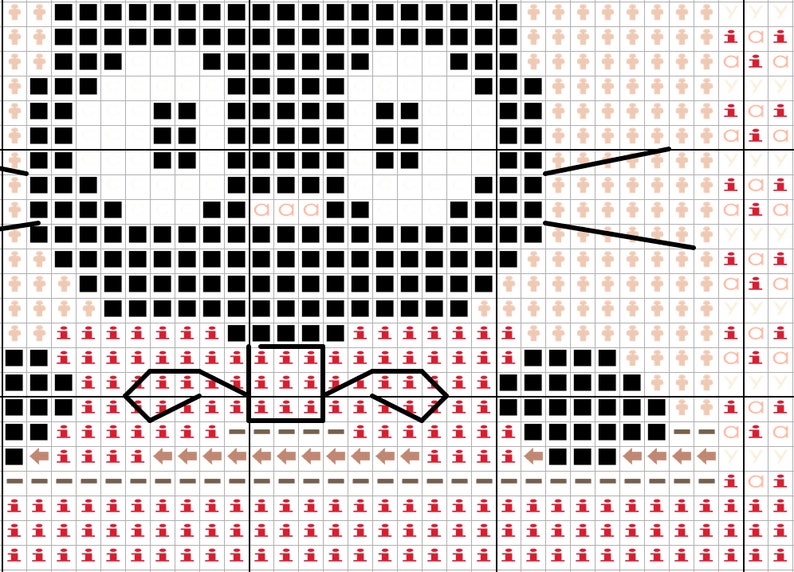 以下が含まれることがあります： 白と黒のクロスステッチパターンで描かれた猫。白い顔と黒いひげがあります。猫は赤と茶色の背景に座っており、下に茶色の線が引かれています。