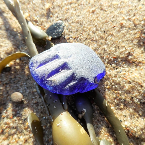 Big Cobalt Blue Sea Glass Chunk! A very rare large wave-worn nugget of dark blue beach glass found on English shores