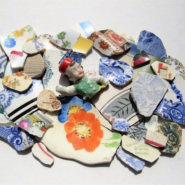 Colourful Vintage/Modern Pottery Mudlarked from a Sea Harbour! A job lot of patterned chinaware pieces for crafts and mosaic making