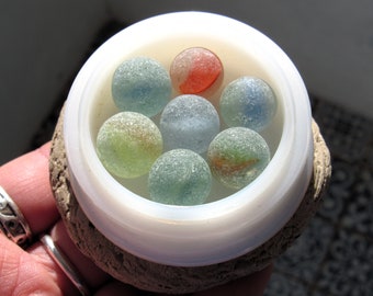 7 Sea Glass Marbles in Vintage Beauty Jar! A rainbow of beachcombed marbles in an antique white milk glass cold cream jar