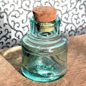 Vintage Glass Ink Bottle / A Circular Aqua Blue Glass Inkwell with Handmade Cork and Embossed 'F' / Unique Gift for a Writer or Teacher
