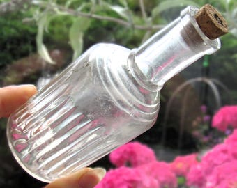 Vintage Glass Apothecary Bottle / Antique Corked Clear Glass Bottle with Interesting Sunburst Design on the Base / Magic Potion Bottle