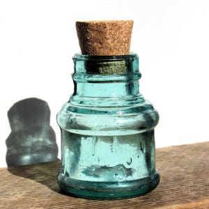 Antique Blue Glass Ink Bottle / Vintage Circular Aqua Teal Glass Inkwell with Handmade Cork / A Unique Gift for a Writer or Teacher