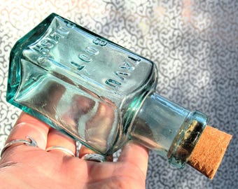 Antique TAVU Boot Polish Bottle / Corked Vintage Square Blue Glass Bottle / Victorian Shoe Polish Bottle
