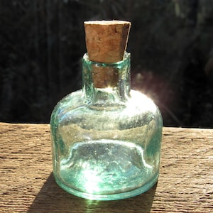 Antique Blue Glass Ink Bottle / a small blue-green circular inkwell / makes a unique small gift for a writer, author or teacher