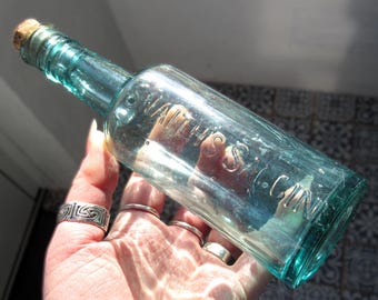 Vintage 'Snaith's Saucine' Bottle! Aqua Blue Glass Antique Corked Bottle / Retro Kitchen / Gift for Cook or Chef / Kitchen Witch