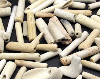Vintage Tobacco Pipe Stems / 54 Mostly Hollow Clay Pipe Pieces / Upcycled Beach Finds / Ceramic Craft Supplies