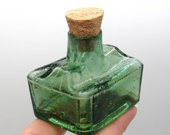 Antique Green Aqua Glass Ink Bottle / Vintage Corked Inkwell / Upcycled Gifts for a Writer or Teacher / Whimsical Decor / Witchy Gift