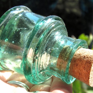 Antique Teal Blue Glass Ink Bottle / Vintage Circular Blue-Green Glass Inkwell with Handmade Cork / A Unique Gift for a Writer or Teacher