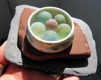 6 Sea Glass Marbles in a Nautical Nest! A Rainbow of Beach Glass Marbles in a Vintage Ceramic Dish, on Sea-Worn Terracotta Tile and Slate
