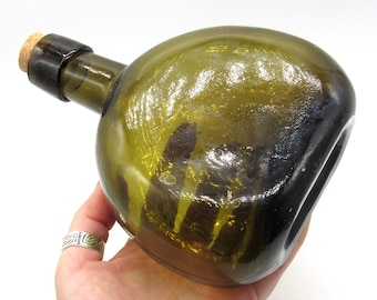 Antique Oval Flask Bottle / Large Olive Green Glass Vintage Glass Corked Bottle / Upcycled Gifts / Witchy Kitchen / Whimsical Decor