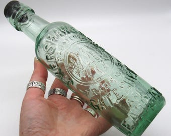Antique Songbird Design Aqua Glass Bottle / Kershaw Gateshead Bottle / Vintage Victorian Corked Bottle / Bird Pictorial Bottle