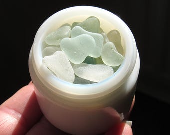 Vintage Jar of Sea Glass Love Hearts / 1940s White Milk Glass Beauty Cream Pot Filled With  Genuine Beach Glass Hearts