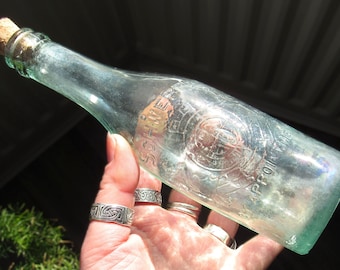 Antique 'Schweppes' Bottle! Vintage Aqua Blue Glass Corked Bottle Embossed 'Schweppes' and 'By Appointment' with a Royal Crest