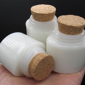 3 x Vintage Corked Milk Glass Ponds Cream Jars / Three Oval 1940s White Beauty Cream Pots embossed 'Pond's' on the base