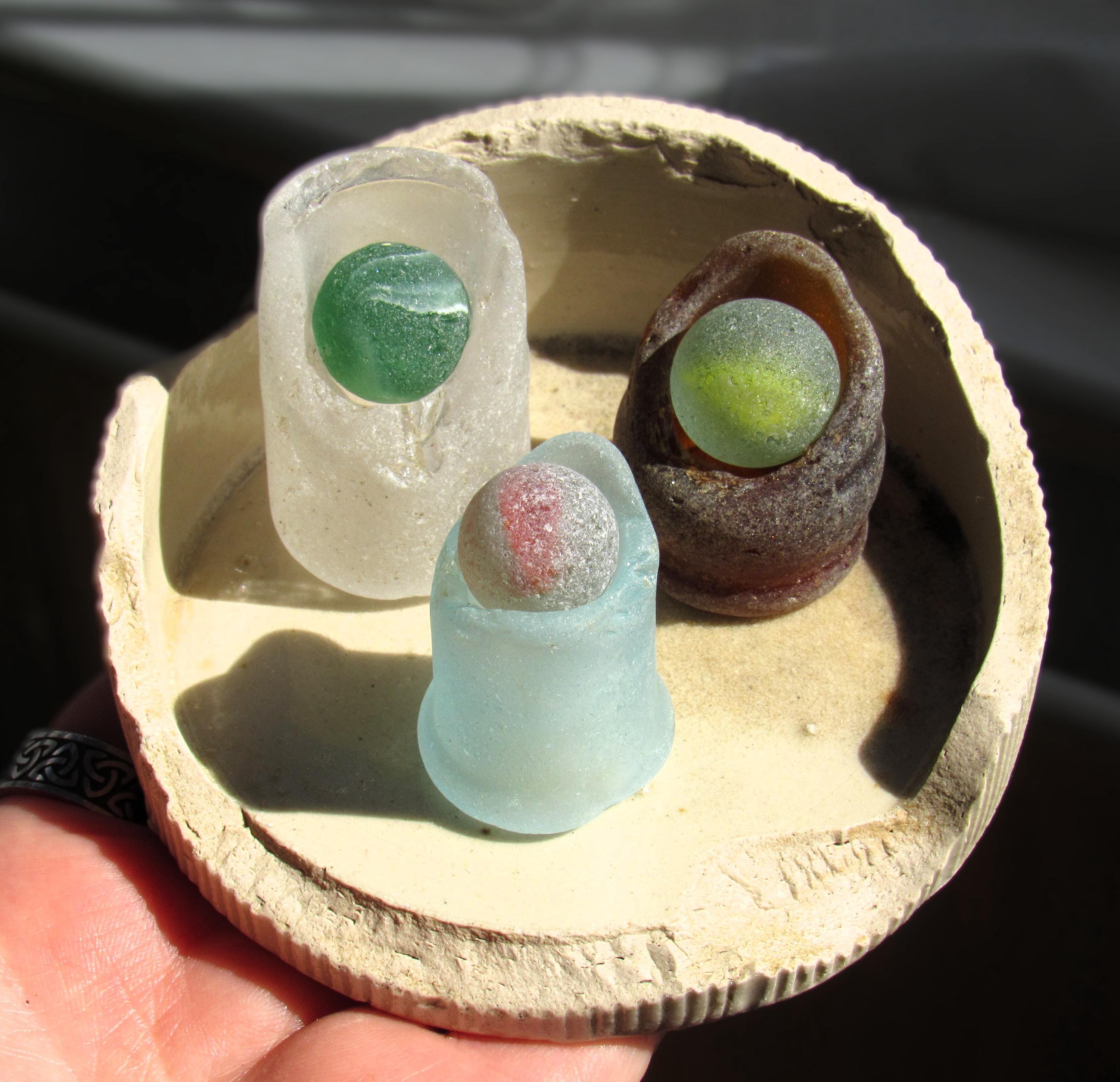 Sea Glass Marble Nest! Green, Red, Yellow Sea Marbles on Wave-Worn Bottle Necks, in a Beachcombed Pottery Nest