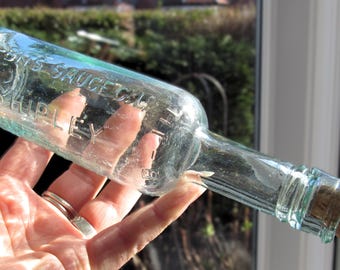 Antique Titbits Sauce Bottle! Blue Aqua Glass Vintage Corked Bottle 'Tit Bits Relish - Shipley - Tit Bits Sauce'