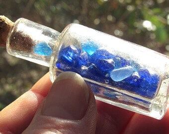 Cobalt Blue Sea Glass in Miniature Antique Bottle / Small Corked Bottle of Deep Blue Beach Glass Pieces / Upcycled Beach Finds