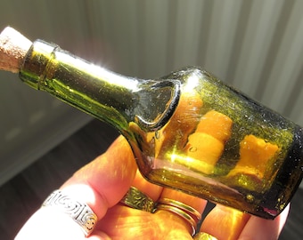 Vintage Miniature Benedictine Liqueur Bottle / Antique Olive Green Glass Corked Bottle / Horseshoe Bottle / Upcycled Gifts / Witchy Gifts