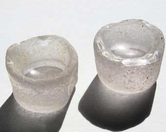 2 Sea Glass Bottle Base Nest Trinket Holders / Small Vintage White Sea Glass Curio / Upcycled Northumberland Beach Glass