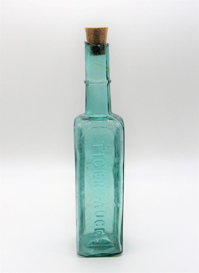 Antique Tiger Sauce Bottle Large Teal Antique Glass Bottle Stopper Teal