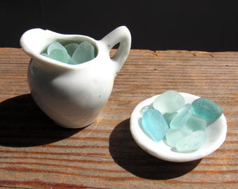 Vintage Miniature Jug of Blue Sea Glass / Dollhouse Jug Plate / Blue Beach Glass Pieces / Nautical Gifts / Upcycled Beach Finds