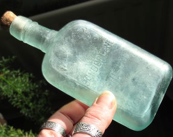 Antique Aqua Glass Flask Shaped Corked Vintage Bottle 'W. Jackson Sunderland Shields and Newcastle'