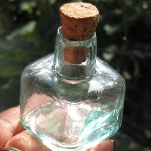 Antique Aqua Blue Glass Ink Bottle / A Small Blue-Green Square Inkwell with Cork / A Unique Gift for a Writer, Author or Teacher