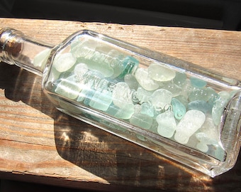 Blue and White Sea Glass in a Vintage California Fig Syrup Bottle / Beach In A Bottle / Antique Beach Glass Bottle / Upcycled Gifts