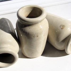 3 x Vintage Cream Glazed Stoneware Jars / Set of Antique Ceramic Pots / Rustic Cottage Kitchen Home Decor