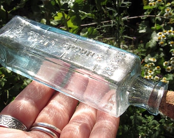 Antique Guy's Tonic Bottle! Rare 1800s Small Square Vintage Corked Blue Glass Sample Bottle / Spoons / Get Well Soon / Whimsical Gifts