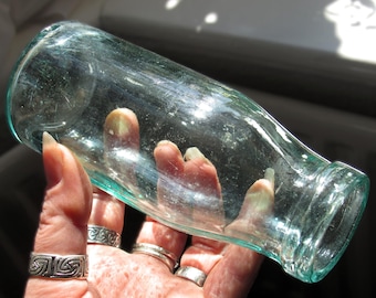 Antique Blue Glass Milk Bottle / Vintage Aqua Glass Vase / Reed Diffuser Bottle / Whimsical Gifts / Retro Cottage Kitchen Decor