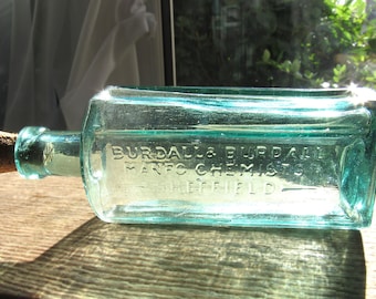 Antique 'Burdall' Sheffield Apothecary Bottle! Vintage Teal Blue Glass Corked Medicine Bottle / Upcycled / Get Well Soon / Whimsical Decor