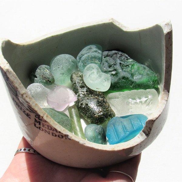 Sea Glass Jewels in Marmalade Pot Nest! A collection of rare sea glass curios in a mudlarked pottery base nest