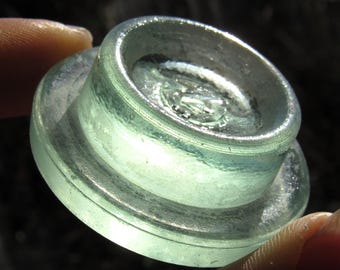 Vintage Aqua Glass Jar Stopper / Glass Pot Jar Lid / Antique Glass Paperweight / Apothecary Cabinet / Upcycled Home