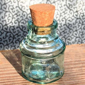 Vintage Glass Ink Bottle / this circular aqua blue glass inkwell with handmade cork makes a unique gift for a writer or teacher
