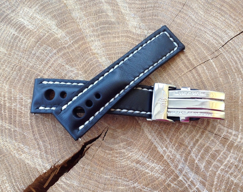 Buckle Clasp for BREITLING Navitimer strap 22//24m Blue leather Band HANDMADE