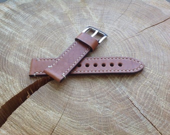 Lederen horloge band 22mm, Horween leder - aangepaste handgemaakte Watch Band, Brown, gestikt