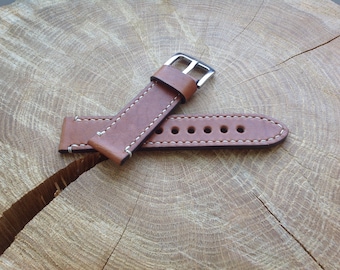 Leather Watch Strap 20mm, Horween Leather - Custom Handmade Watch Band, Brown Stitched
