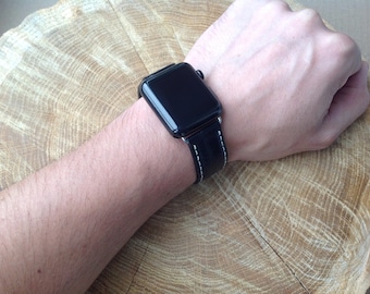 Horlogeband voor Apple 38mm, Echt Leer - Handgemaakte Horlogeband 22mm, Aangepaste horlogeband voor iWatch, Zwarte Lederen band