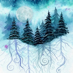 May include: Watercolour painting of a forest scene with a full moon in the sky. The trees are dark green and their roots are visible, extending down into the light blue background. The sky is a deep blue with white stars.