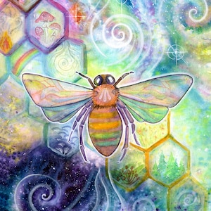 May include: A watercolour painting of a bee with translucent wings flying over a honeycomb pattern. The honeycomb cells contain images of mushrooms, trees, and other natural elements. The background is a swirling galaxy of colours.