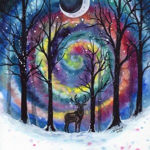 May include: A watercolour painting of a deer standing in a snowy forest with a crescent moon and colourful aurora borealis in the sky.