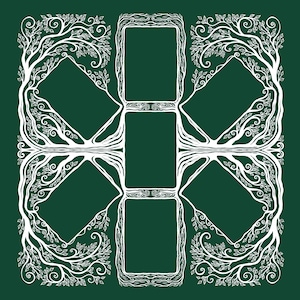 Puede incluir: Una ilustración estilizada en blanco de cuatro marcos rodeados por un diseño de árboles entrelazados con hojas y ramas. El fondo es de color verde oscuro.