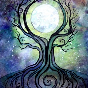 May include: A watercolour painting of a tree with swirling branches and roots against a starry night sky. The moon is visible through the branches of the tree.